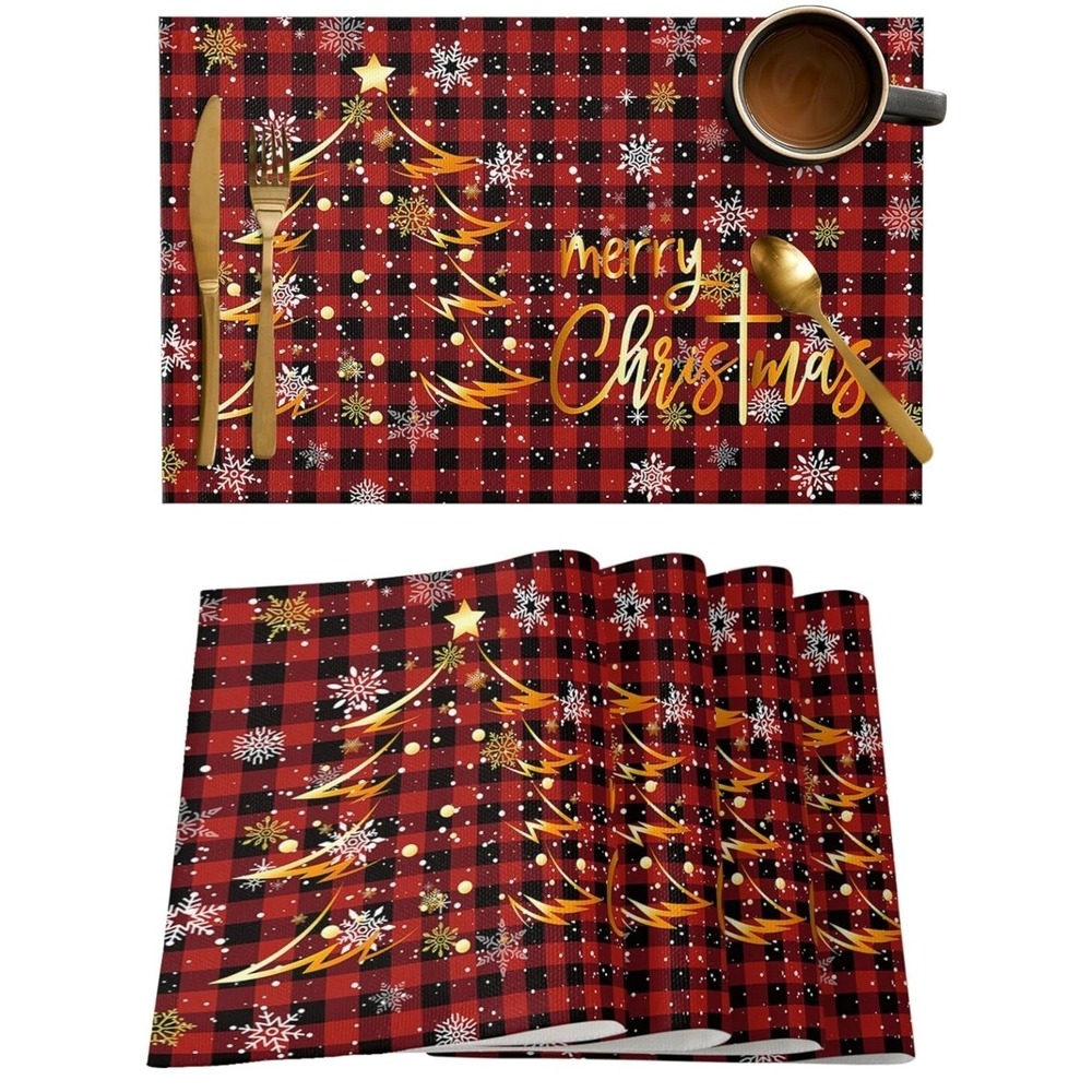 6PCS Merry Xmas‎ Placemats Christmas Table Placement Winter Placemats Red Gold